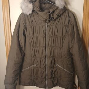 Columbia Olive/Brown Puffer Jacket with Faux Fur Trim Size Small